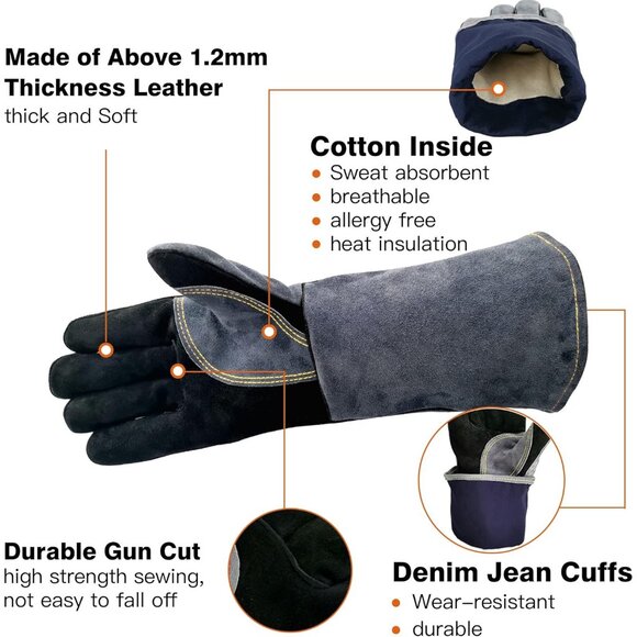 Men Black/Grey 16 Inches Fire & Heat Resistant Fireplace Leather Welding Gloves - Picture 4 of 6